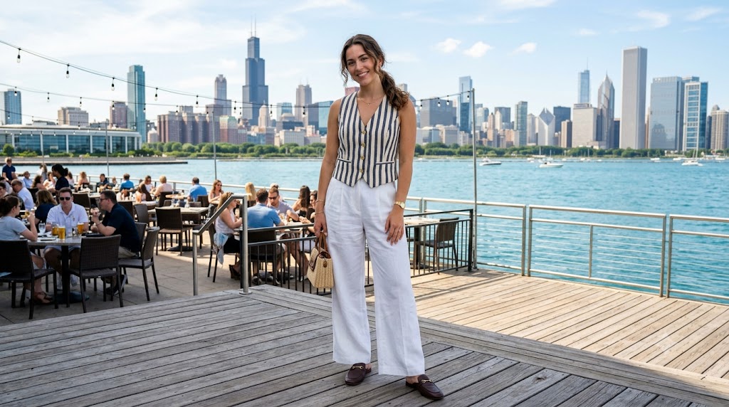 Striped Linen Vest Top & White Pleated Trousers